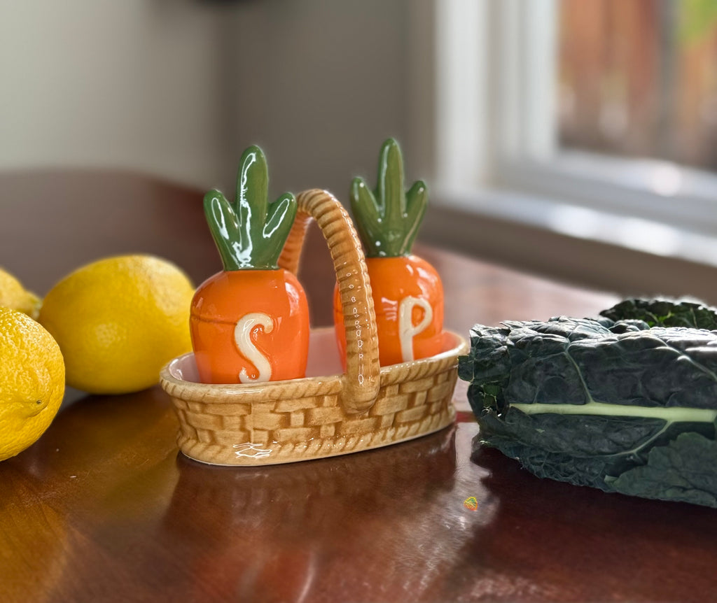 Carrots in Basket Spring and Summer Salt and Pepper Shaker Set, Hand Painted Ceramic, Orange and Green, 4.5" High, 2 Piece Set with Basket- Garden, Easter, Farmhouse, Kitchen Decoration