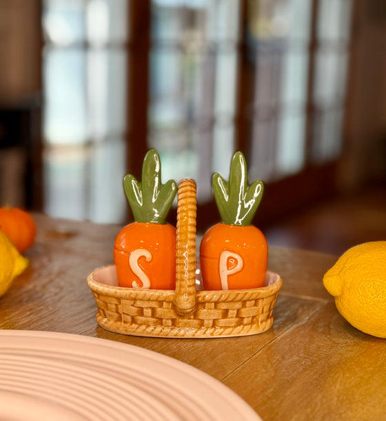 Carrots in Basket Spring and Summer Salt and Pepper Shaker Set, Hand Painted Ceramic, Orange and Green, 4.5" High, 2 Piece Set with Basket- Garden, Easter, Farmhouse, Kitchen Decoration