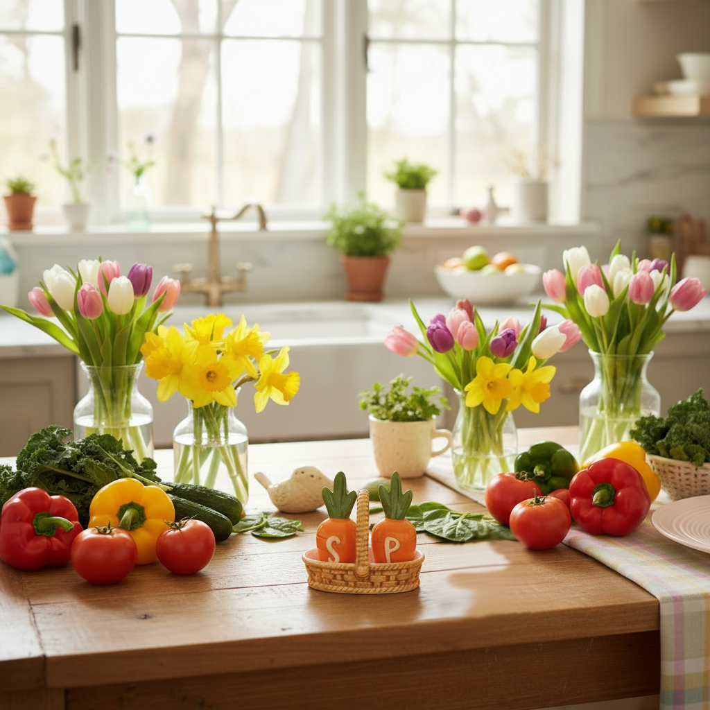 Carrots in Basket Spring and Summer Salt and Pepper Shaker Set, Hand Painted Ceramic, Orange and Green, 4.5" High, 2 Piece Set with Basket- Garden, Easter, Farmhouse, Kitchen Decoration