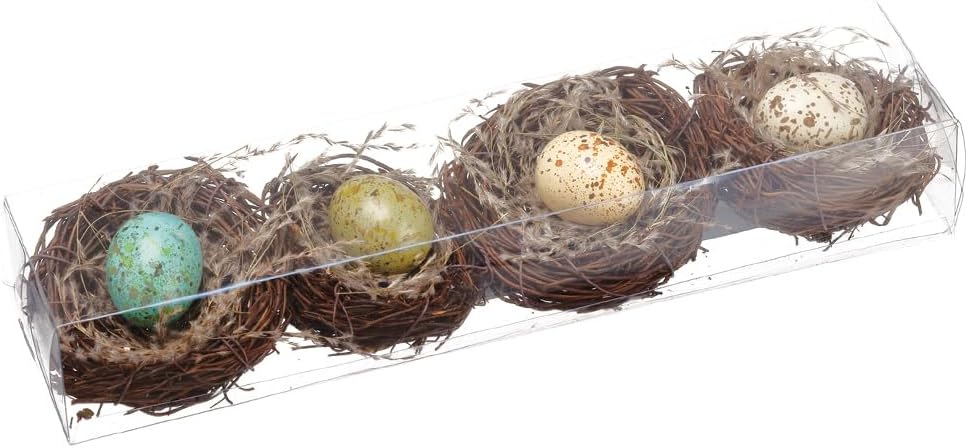 Set of 4 Bird's Nests with Eggs, Blue/Green, Cream and Green- Spring and Easter Décor, 2.75 Inches Wide Each