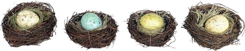 Set of 4 Bird's Nests with Eggs, Blue/Green, Cream and Green- Spring and Easter Décor, 2.75 Inches Wide Each