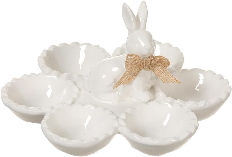 White Gloss Ceramic Easter Serving Dish with Easter Bunny, Candy and Egg Dish, 8 Inches Wide x 5 inches high