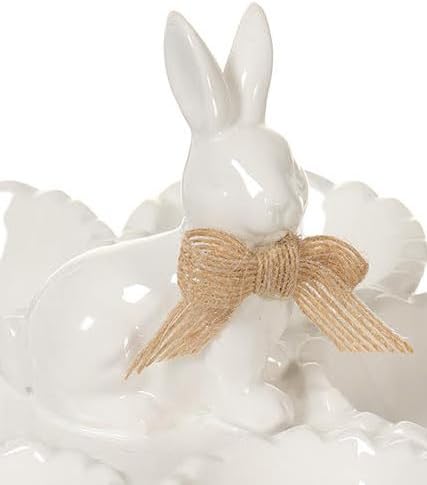 White Gloss Ceramic Easter Serving Dish with Easter Bunny, Candy and Egg Dish, 8 Inches Wide x 5 inches high