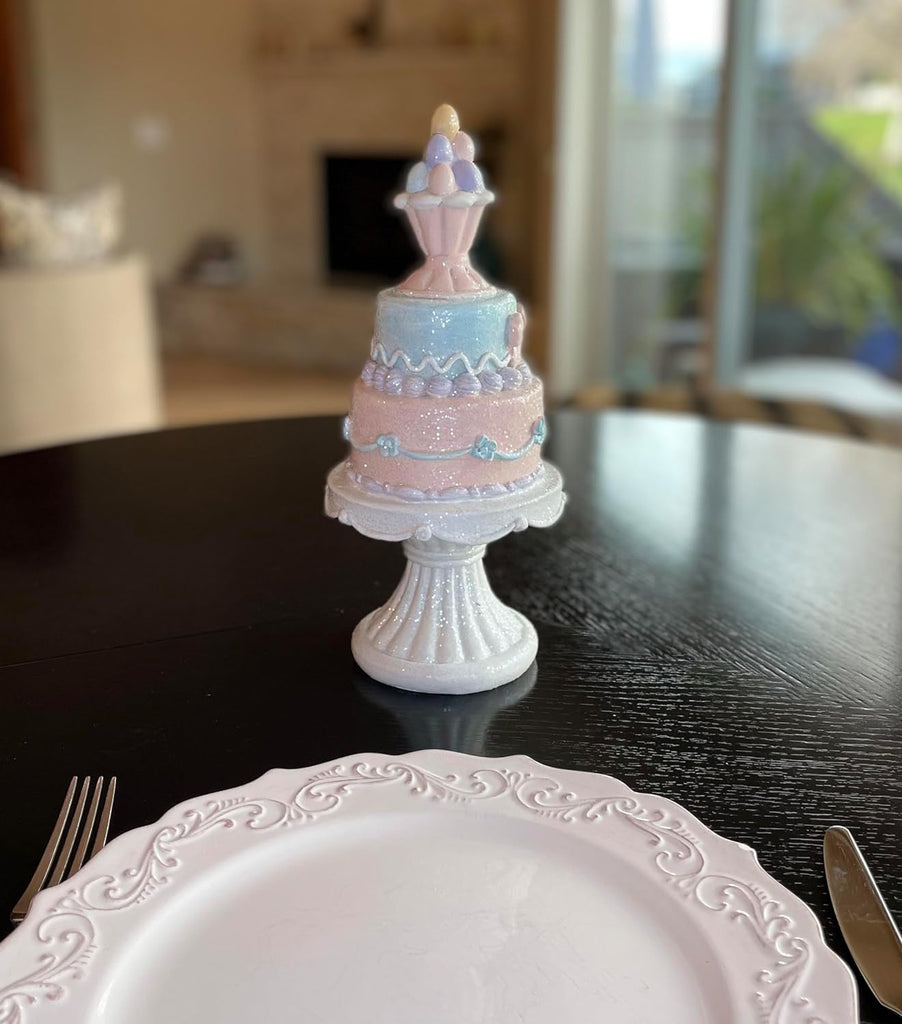 12 Inch Easter Topiary Cake Tree on Pedestal, Sparkling Easter Sculpture Figurine with Eggs - Centerpiece in Pink, White and Blue