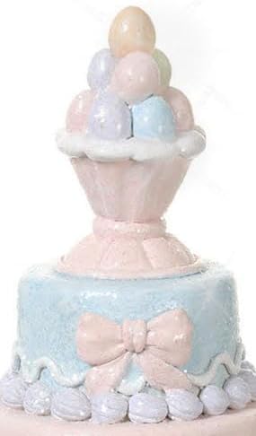12 Inch Easter Topiary Cake Tree on Pedestal, Sparkling Easter Sculpture Figurine with Eggs - Centerpiece in Pink, White and Blue