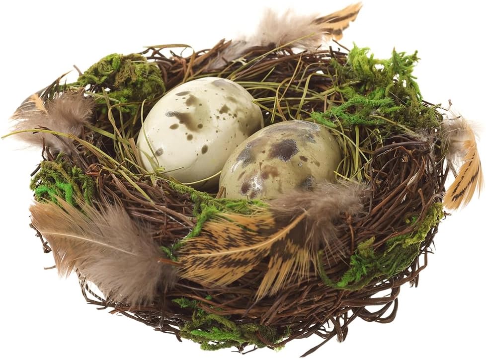 4 Inch Decorative Mossy Artificial Bird's Nest with Cream and Sage Green Colored Eggs - Faux Eggs with Natural Twigs - Spring and Easter Décor, 4 Inches Wide x 2 Inches High
