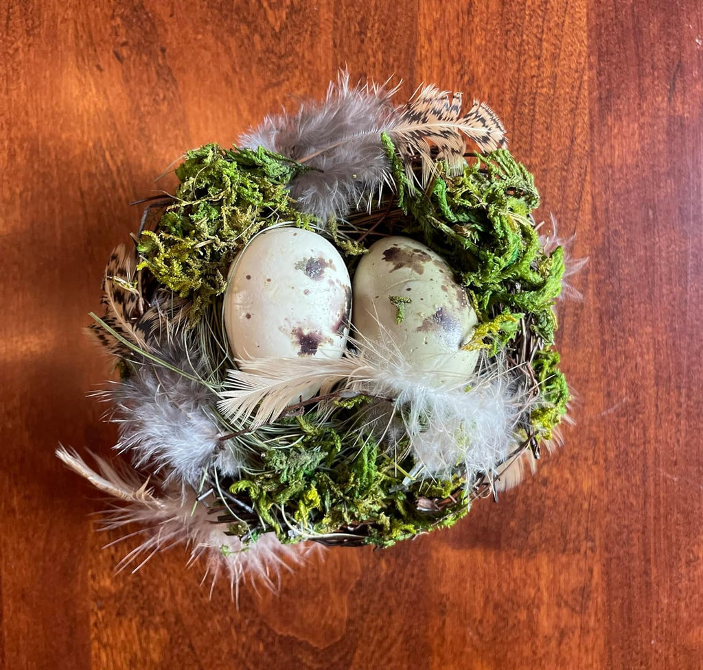 4 Inch Decorative Mossy Artificial Bird's Nest with Cream and Sage Green Colored Eggs - Faux Eggs with Natural Twigs - Spring and Easter Décor, 4 Inches Wide x 2 Inches High