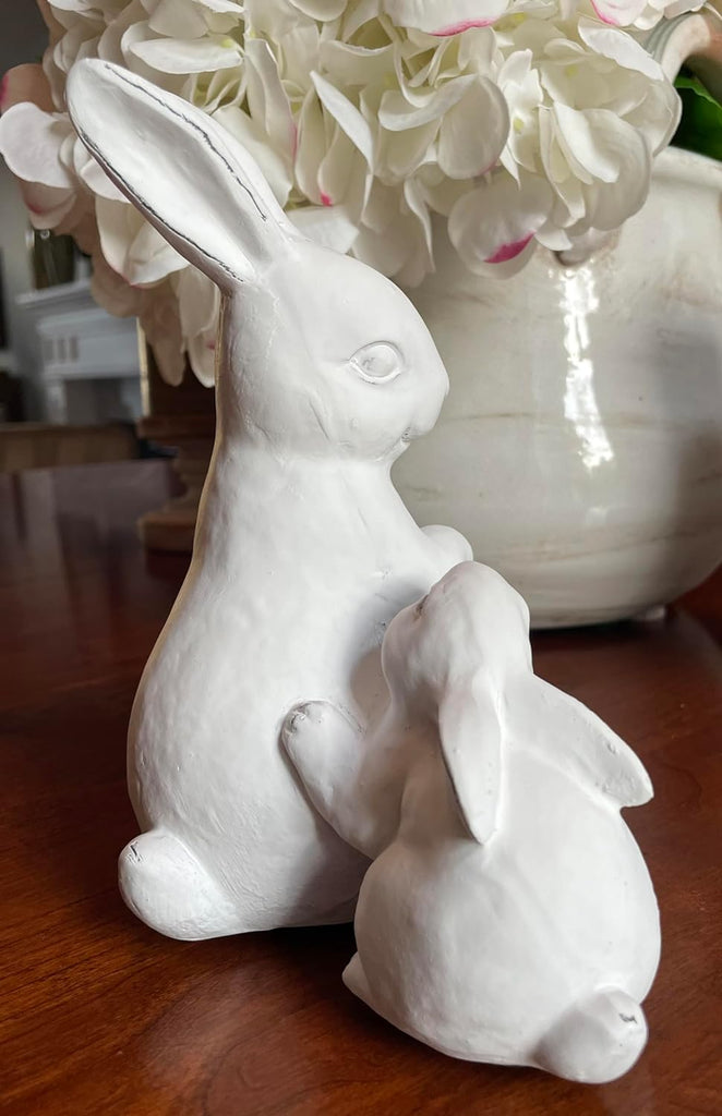 Loving Bunny with Child, Easter Rabbit Sculpture in White 7 Inches High