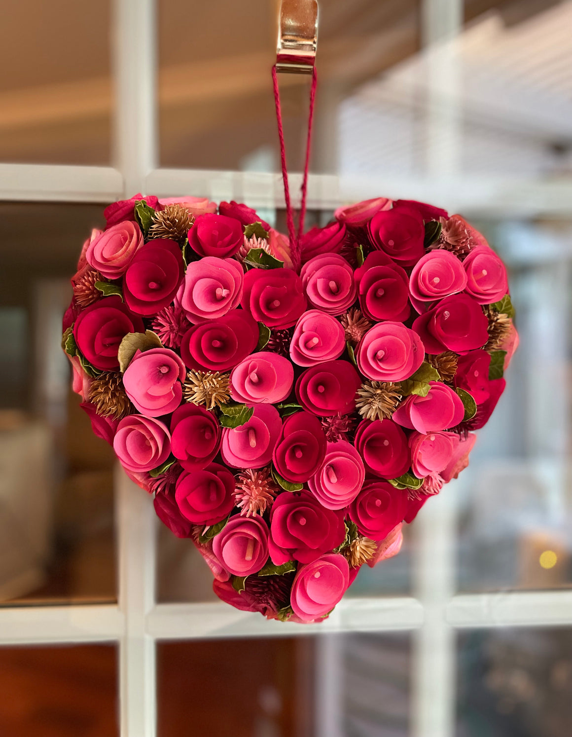 Valentine's Day Heart Wreath, Wood Curl Roses with Dried Flowers, 12" W x 15" L, Red and Pink