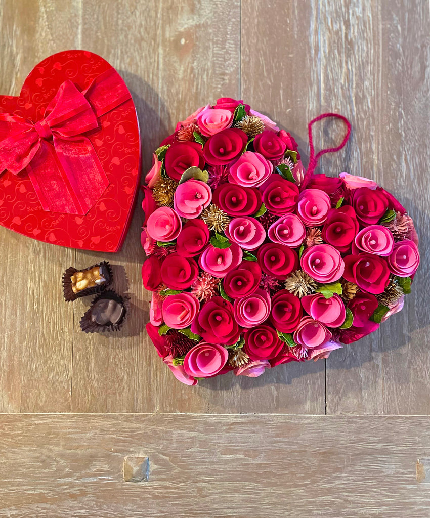 Valentine's Day Heart Wreath, Wood Curl Roses with Dried Flowers, 12" W x 15" L, Red and Pink