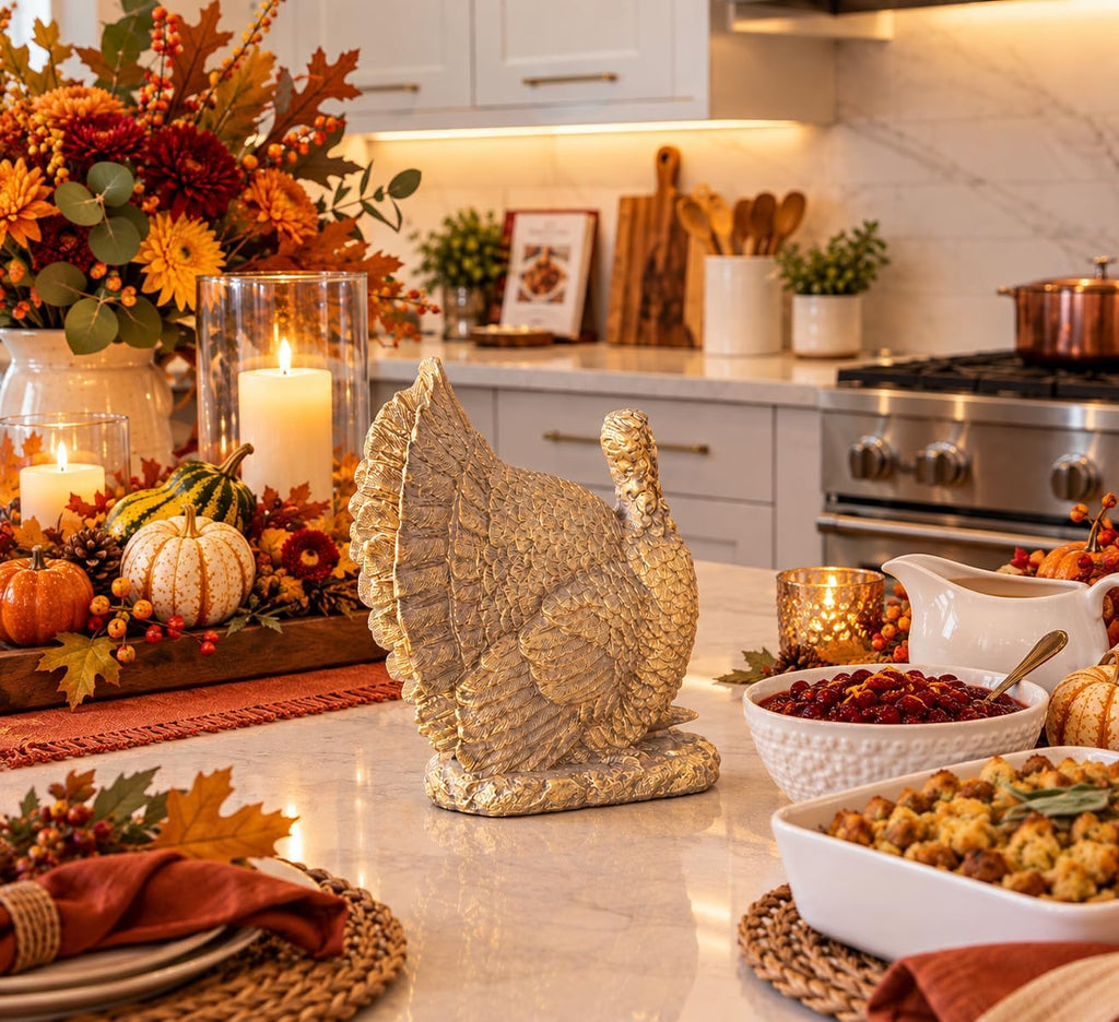 Metallic Antique Gold Turkey Figurine Thanksgiving Harvest Decor, 8.5" High