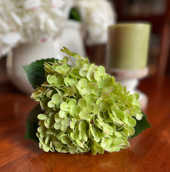 Artificial Hydrangea Bundled Arrangement of 3 Stems, Green with Pink Accented Edges, Tied with a Raffia Ribbon, 13 Inches x 6 Inches