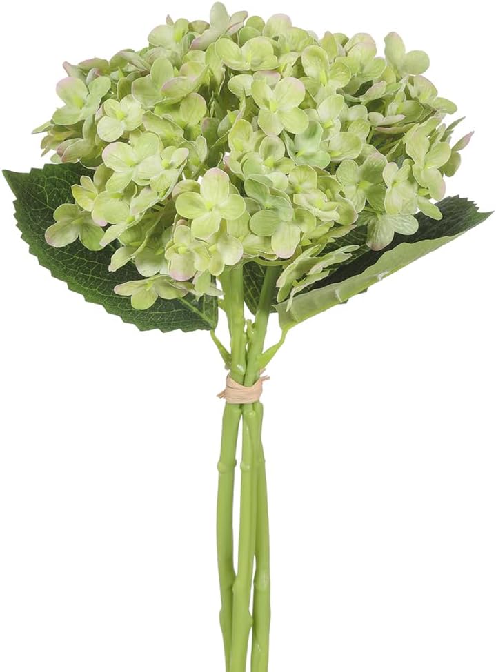 Artificial Hydrangea Bundled Arrangement of 3 Stems, Green with Pink Accented Edges, Tied with a Raffia Ribbon, 13 Inches x 6 Inches