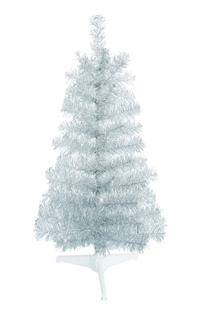 Silver Christmas Tinsel Tree, 36 Inches High x 17 Inches Wide, 88 Tips, Wired Branches with White Stand