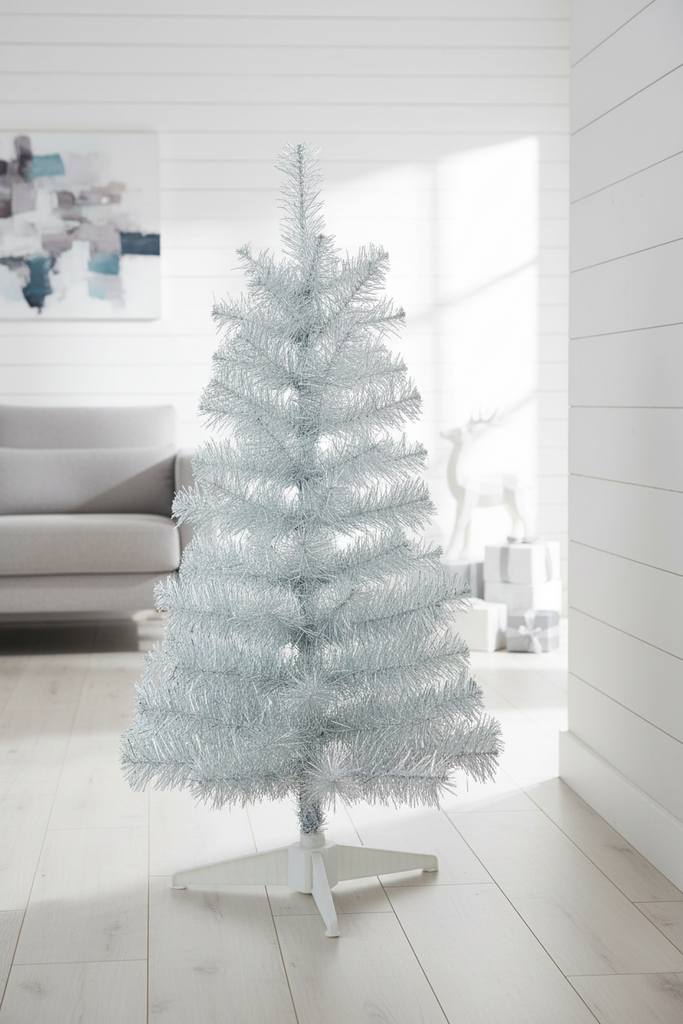 Silver Christmas Tinsel Tree, 36 Inches High x 17 Inches Wide, 88 Tips, Wired Branches with White Stand
