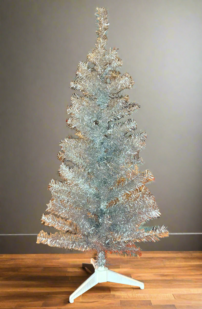 Silver Tinsel Christmas Tree, 4 Feet High x 22 Inches Wide, 123 Tips, Adjustable Wired Branches, White Stand