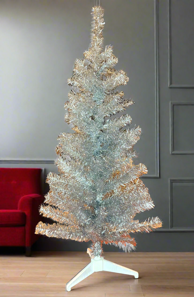 Silver Tinsel Christmas Tree, 4 Feet High x 22 Inches Wide, 123 Tips, Adjustable Wired Branches, White Stand