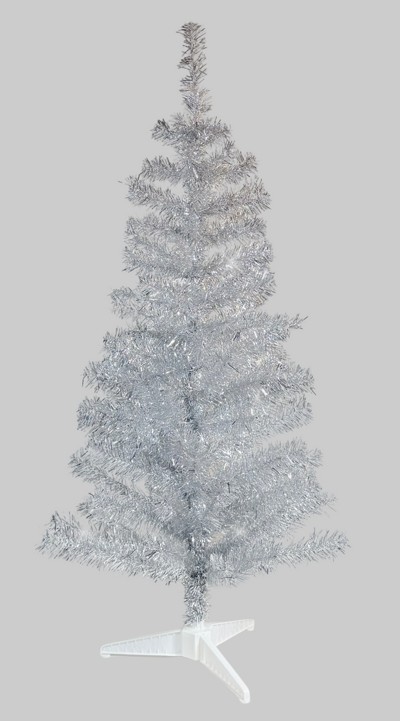 Silver Tinsel Christmas Tree, 4 Feet High x 22 Inches Wide, 123 Tips, Adjustable Wired Branches, White Stand