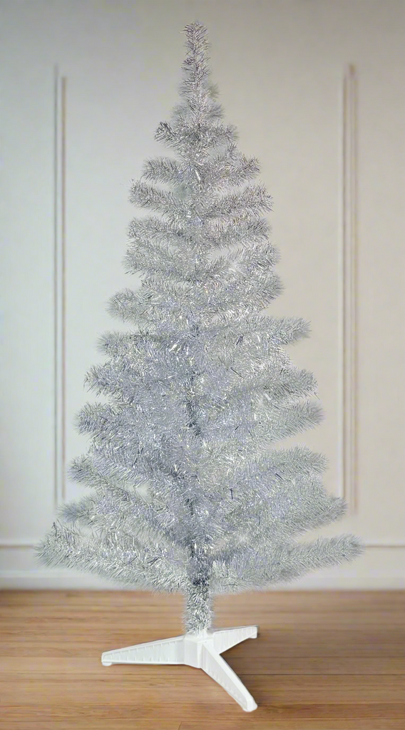 Silver Tinsel Christmas Tree, 4 Feet High x 22 Inches Wide, 123 Tips, Adjustable Wired Branches, White Stand