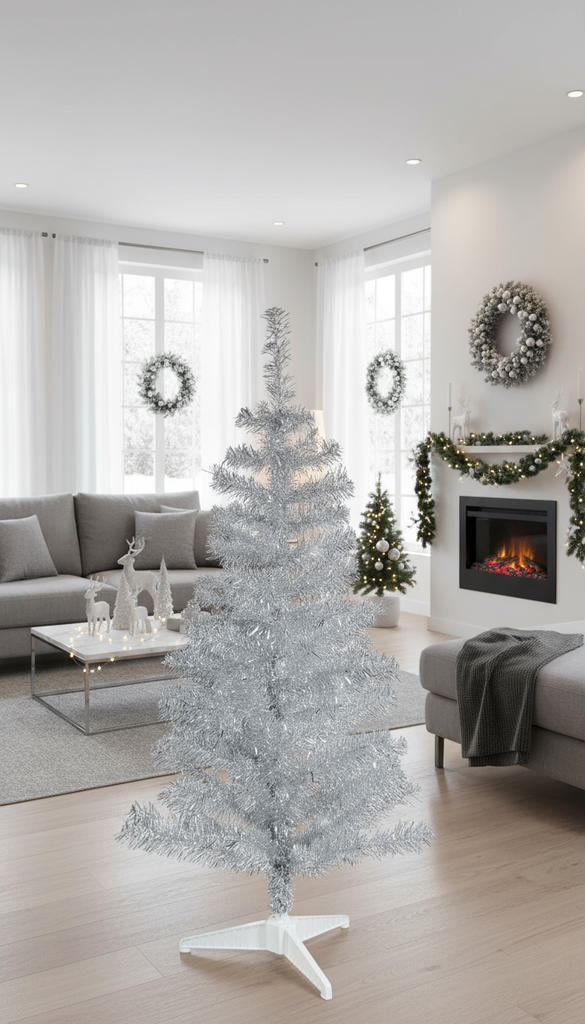 48" high Silver tinsel Christmas tree on a gray background