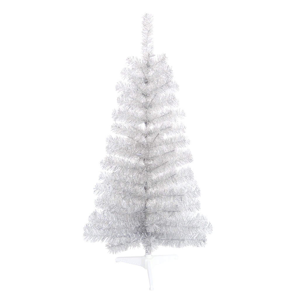 Silver Tinsel Christmas Tree, 4 Feet High x 22 Inches Wide, 123 Tips, Adjustable Wired Branches, White Stand
