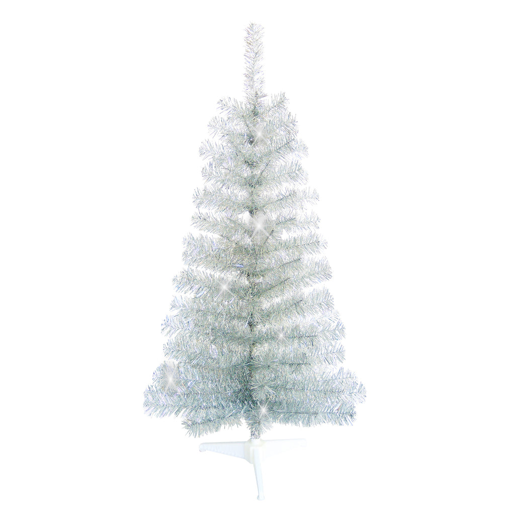 Silver Tinsel Christmas Tree, 4 Feet High x 22 Inches Wide, 123 Tips, Adjustable Wired Branches, White Stand