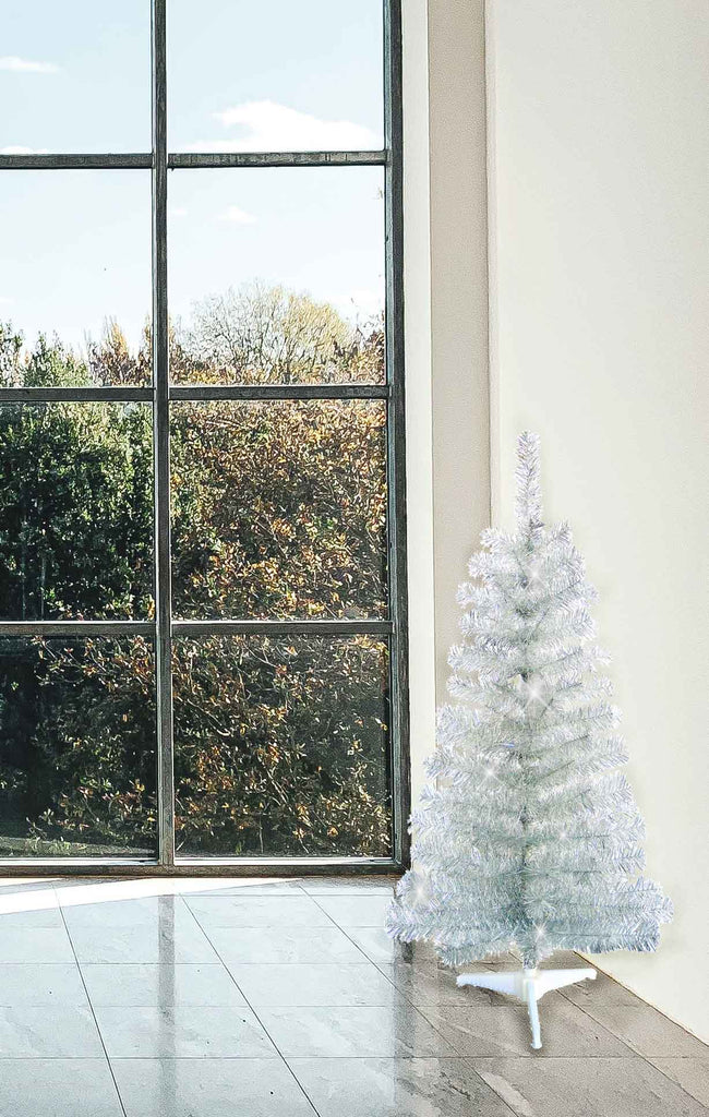 Silver Tinsel Christmas Tree, 4 Feet High x 22 Inches Wide, 123 Tips, Adjustable Wired Branches, White Stand