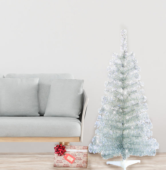 Silver Tinsel Christmas Tree, 4 Feet High x 22 Inches Wide, 123 Tips, Adjustable Wired Branches, White Stand