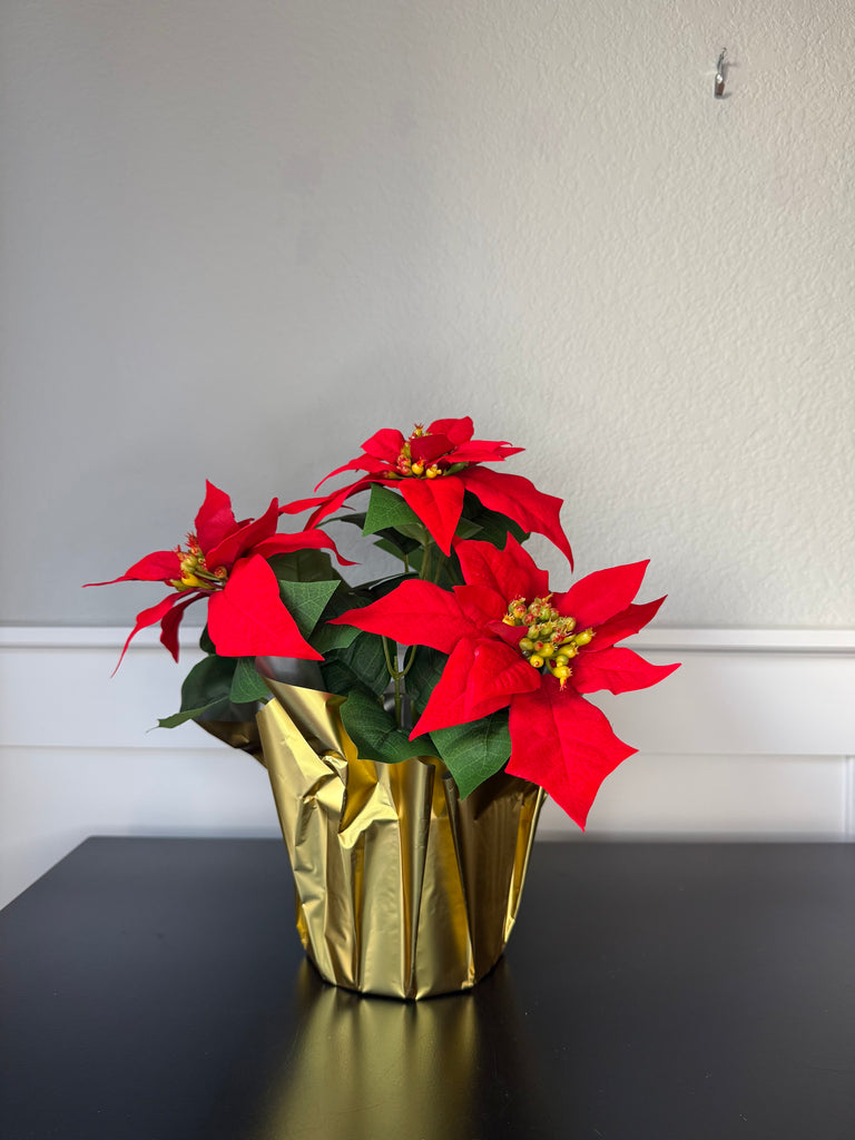 Artificial Poinsettia in Gold Foil Wrap, 12" Velvet Look