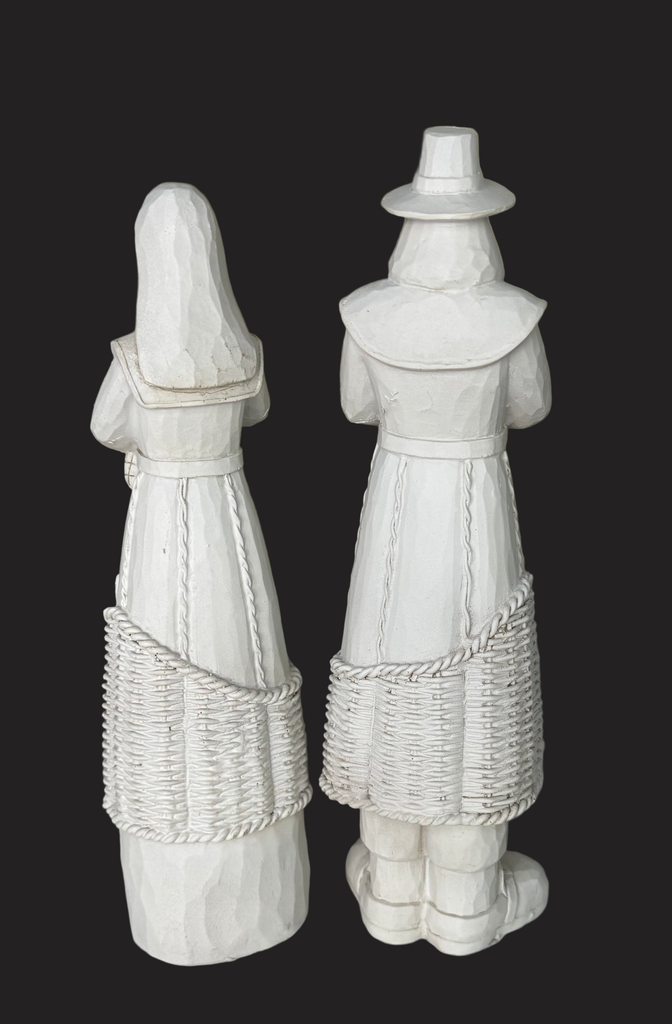 Thanksgiving Harvest Pilgrim Couple Figurines, 10 Inch High, Off-White Polyresin, Decorative Table Centerpiece