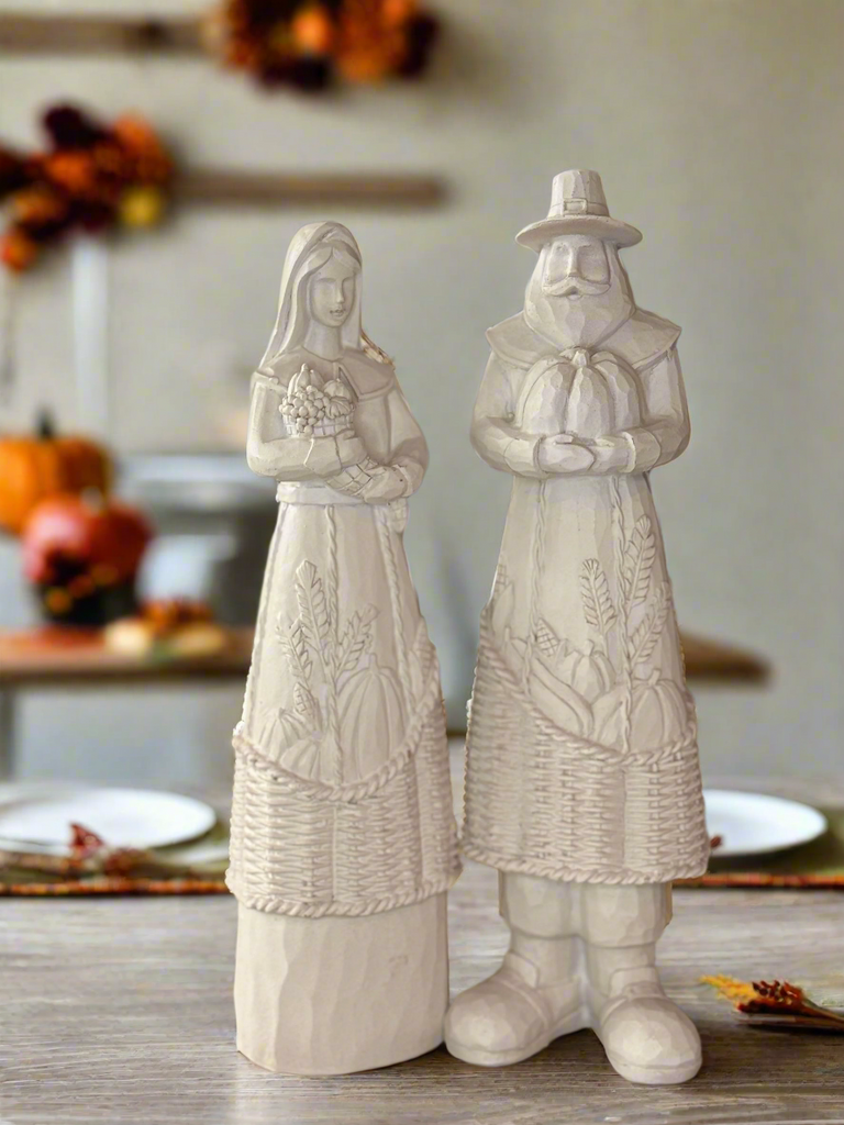 Thanksgiving Harvest Pilgrim Couple Figurines, 10 Inch High, Off-White Polyresin, Decorative Table Centerpiece
