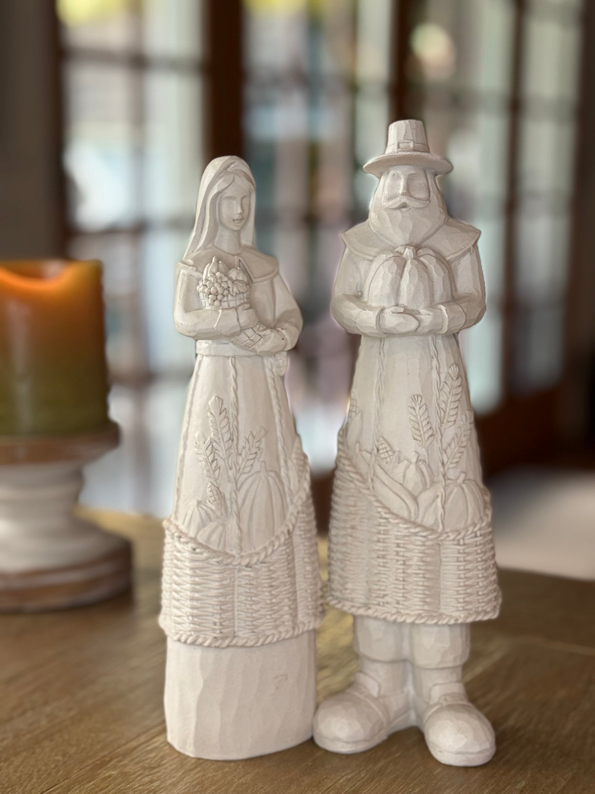 Thanksgiving Harvest Pilgrim Couple Figurines, 10 Inch High, Off-White Polyresin, Decorative Table Centerpiece