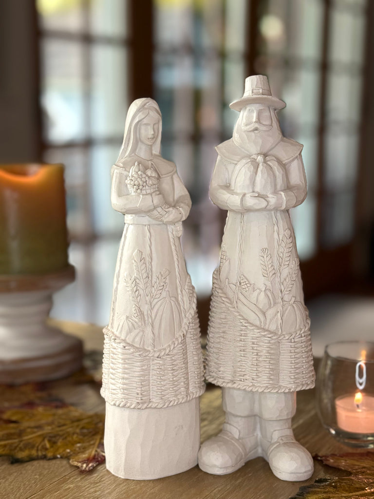 Thanksgiving Harvest Pilgrim Couple Figurines, 10 Inch High, Off-White Polyresin, Decorative Table Centerpiece