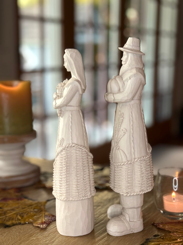 Thanksgiving Harvest Pilgrim Couple Figurines, 10 Inch High, Off-White Polyresin, Decorative Table Centerpiece