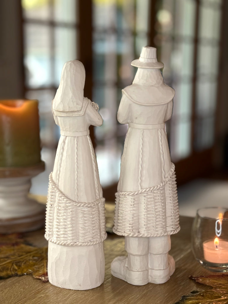 Thanksgiving Harvest Pilgrim Couple Figurines, 10 Inch High, Off-White Polyresin, Decorative Table Centerpiece
