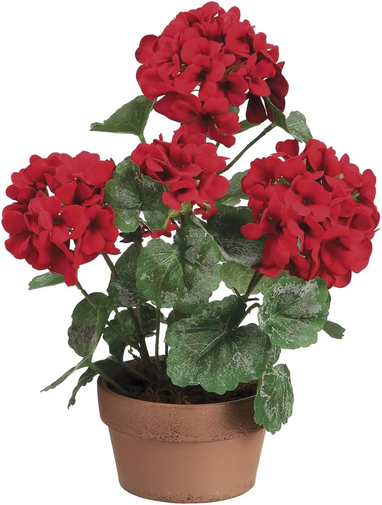 Red Geranium Plant in a Terracotta Pot, Artificial Floral in Red and Green, 13 Inches High, Pre-Made Artificial Floral Arrangement