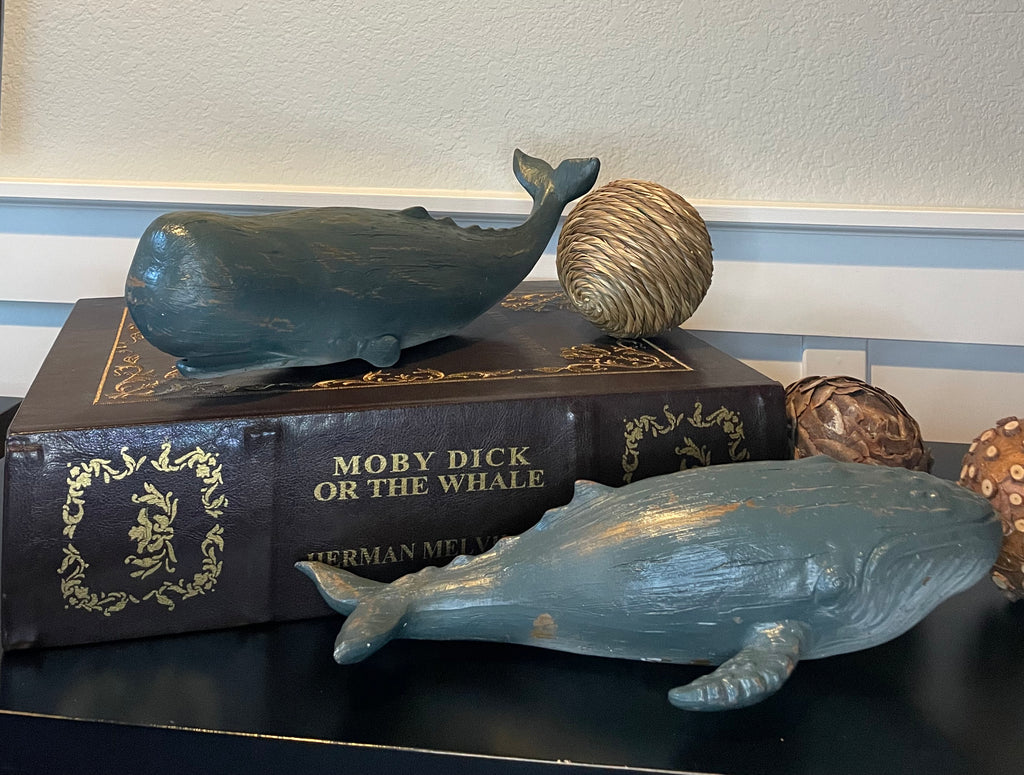 Set of 2 Carved Wood Look Whales, Distressed Ocean Blue with White Colors, 13 and 13.5 Inches Long, Sculpted Polyresin Figurines for Nautical and Beachside Decor