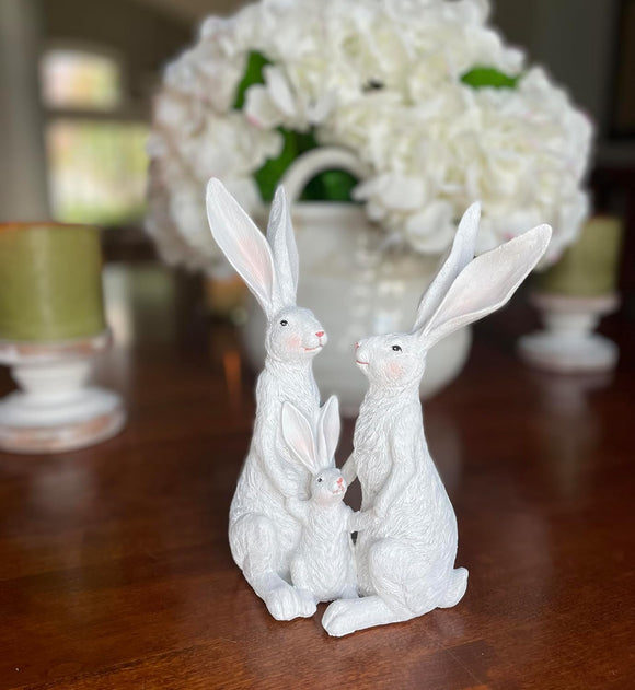Easter Bunny Loving Family Figurine with Mother, Father and Child, Easter Bunny Sculpture in White 9 Inches High
