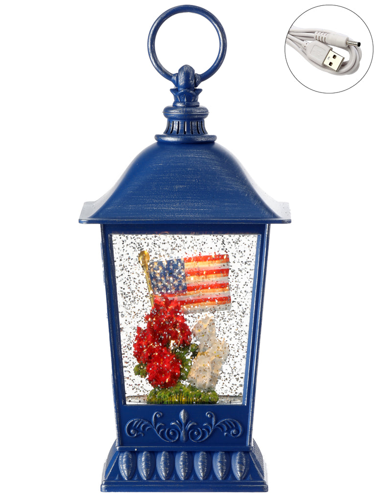 Patriotic Water Lantern with American Flag, 11.5 Inch, LED Light, Swirling Glitter Snow Globe Design, Battery/USB Powered, Blue, Red and White Geranium Flowers