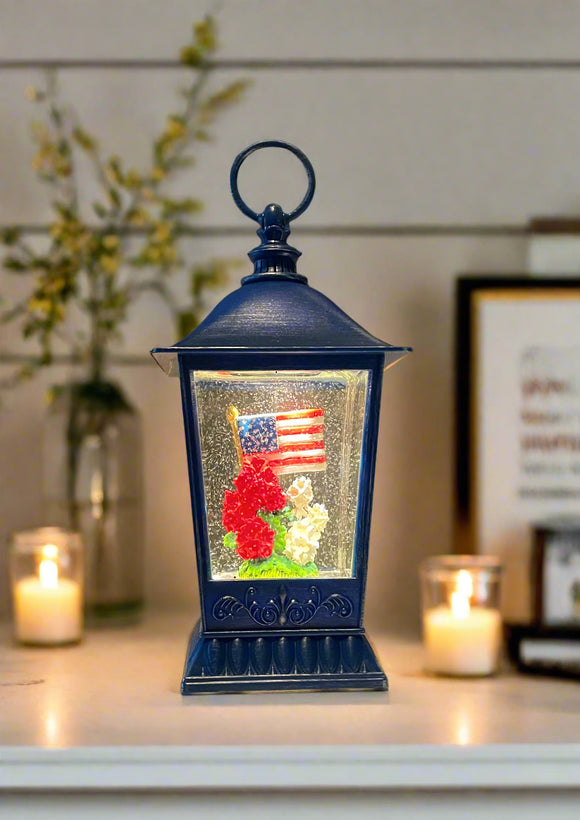 Patriotic Water Lantern with American Flag, 11.5 Inch, LED Light, Swirling Glitter Snow Globe Design, Battery/USB Powered, Blue, Red and White Geranium Flowers