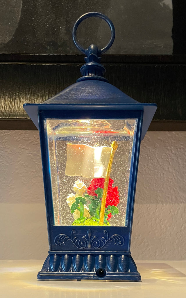 Patriotic Water Lantern with American Flag, 11.5 Inch, LED Light, Swirling Glitter Snow Globe Design, Battery/USB Powered, Blue, Red and White Geranium Flowers