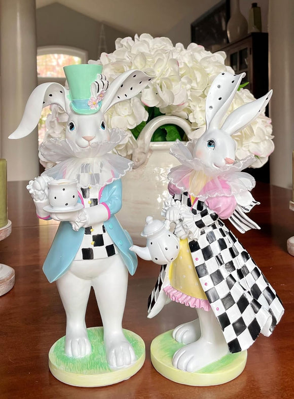 Easter Bunny Tea Party Mr. and Mrs. Rabbit Figurines, 12 Inches High, Designs Feature Fabric Accents and Carved Elegant Details