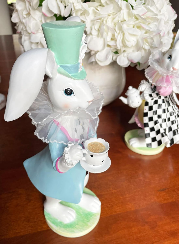 Easter Bunny Tea Party Mr. and Mrs. Rabbit Figurines, 12 Inches High, Designs Feature Fabric Accents and Carved Elegant Details