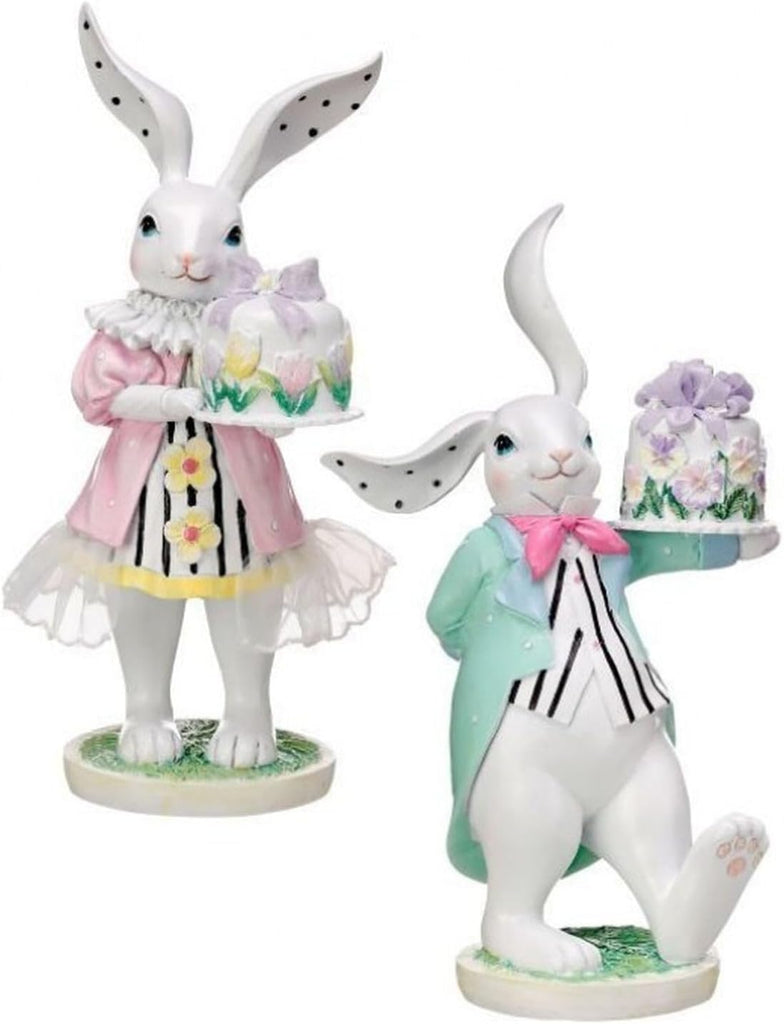 Easter Bunny Tea Party Mr. and Mrs. Rabbit Figurines, 9 Inches High, Spring Tabletop Decor with Fabric Accents
