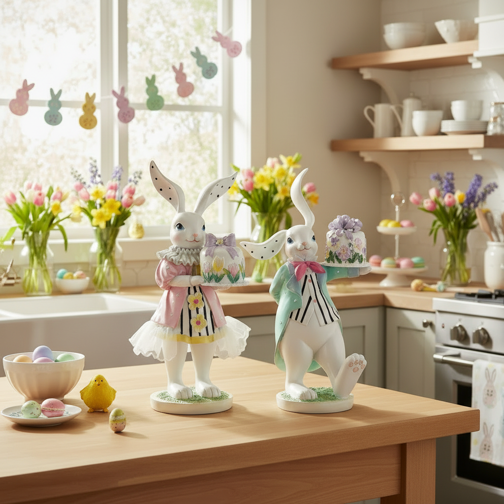 Easter Bunny Tea Party Mr. and Mrs. Rabbit Figurines, 9 Inches High, Spring Tabletop Decor with Fabric Accents