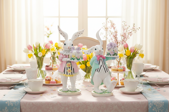 Easter Bunny Tea Party Mr. and Mrs. Rabbit Figurines, 9 Inches High, Spring Tabletop Decor with Fabric Accents
