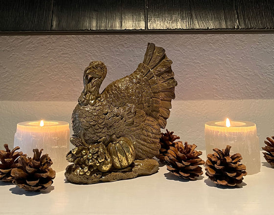 TenWaterloo Harvest Sculpted Thanksgiving Turkey Tabletop Centerpiece, 7 x 6.5 Inches, Resin with Gold Finish