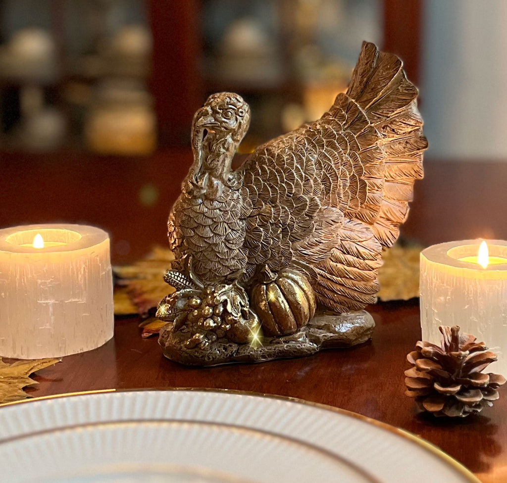 TenWaterloo Harvest Sculpted Thanksgiving Turkey Tabletop Centerpiece, 7 x 6.5 Inches, Resin with Gold Finish