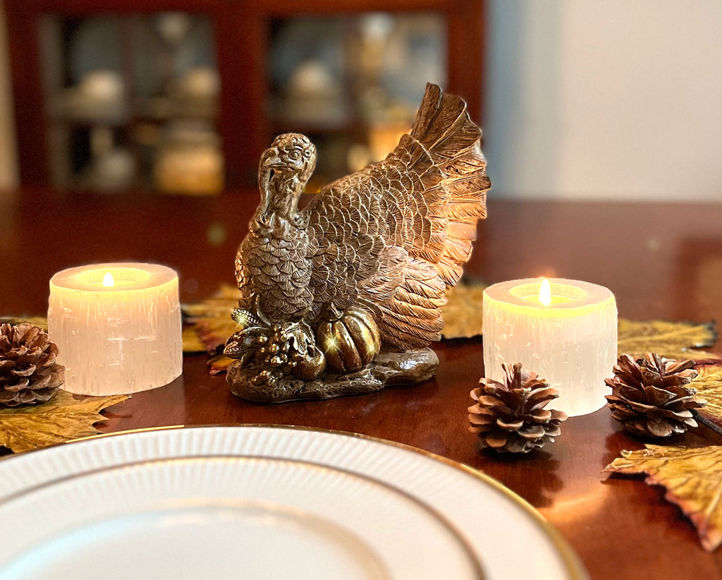 TenWaterloo Harvest Sculpted Thanksgiving Turkey Tabletop Centerpiece, 7 x 6.5 Inches, Resin with Gold Finish