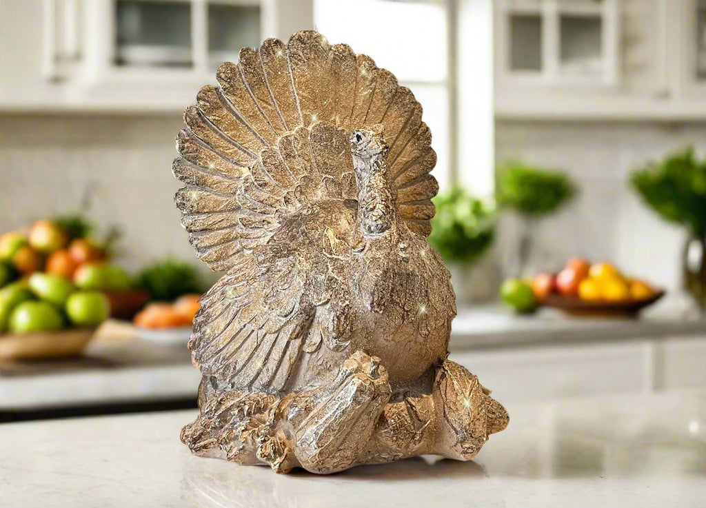 Harvest Sculpted Thanksgiving Turkey Tabletop Centerpiece, 9.5 x 7.5 Inches, Resin with Sparkled Wood Look Finish